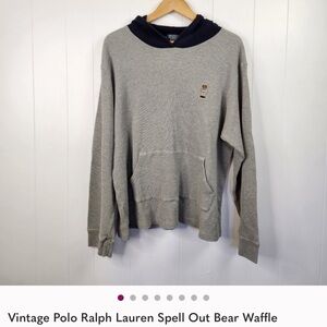 Vintage Polo Ralph Lauren Spell Out Bear Waffle Hoodie Sweatshirt 90s Navy Gray